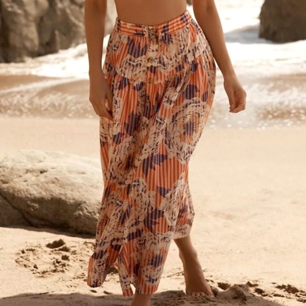 Anthropologie Stripe Floral Button Front A-Line Midi Skirt Cotton Red Blue S - Picture 2 of 15